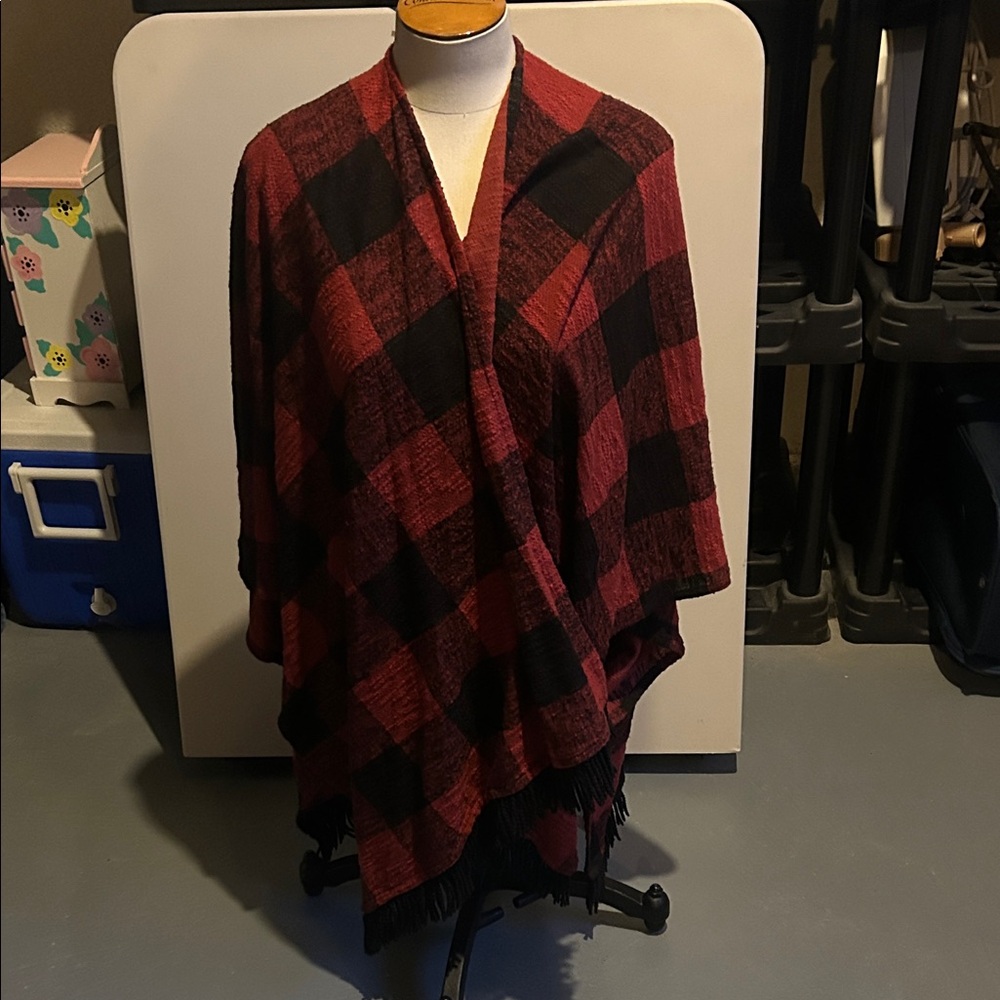 Mossimo Supply Co. Red and Black Plaid Fringe Wrap Poncho